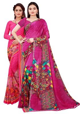 Pink Printed Georgette Saree Set (Set Of 2)