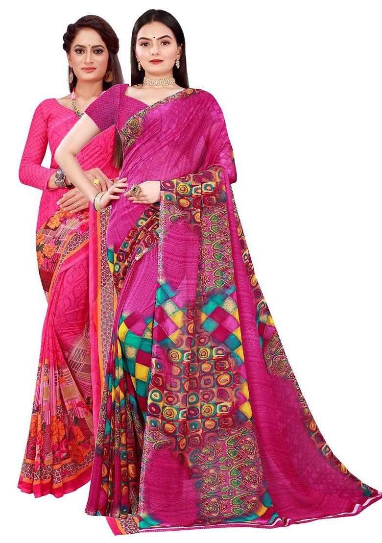 Pink Printed Georgette Saree Set (Set Of 2)
