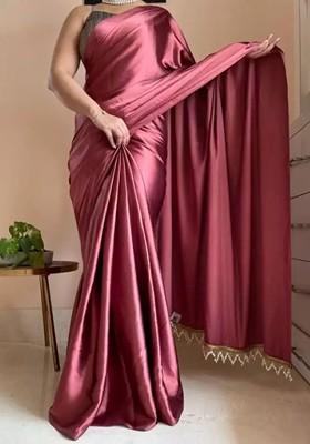 Maroon Embroidered Satin Saree Set