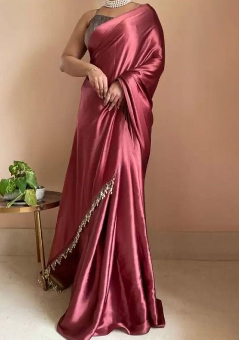 Maroon Embroidered Satin Saree Set