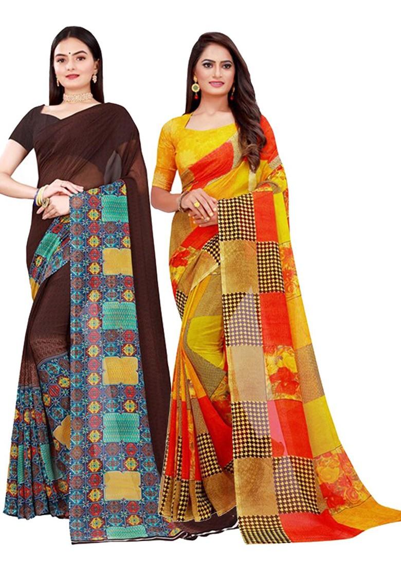 Brown Embroidered Georgette Saree Set