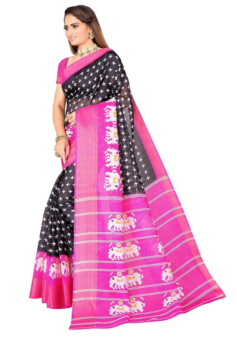 Black Printed Art Silk Saree Set