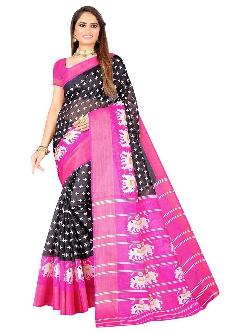 Black Printed Art Silk Saree Set