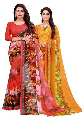 Red Floral Georgette Saree Set (Set Of 2)