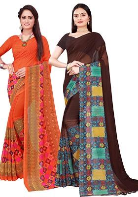 Orange Embroidered Georgette Saree Set