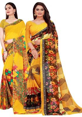 Yellow Embroidered Georgette Saree Set