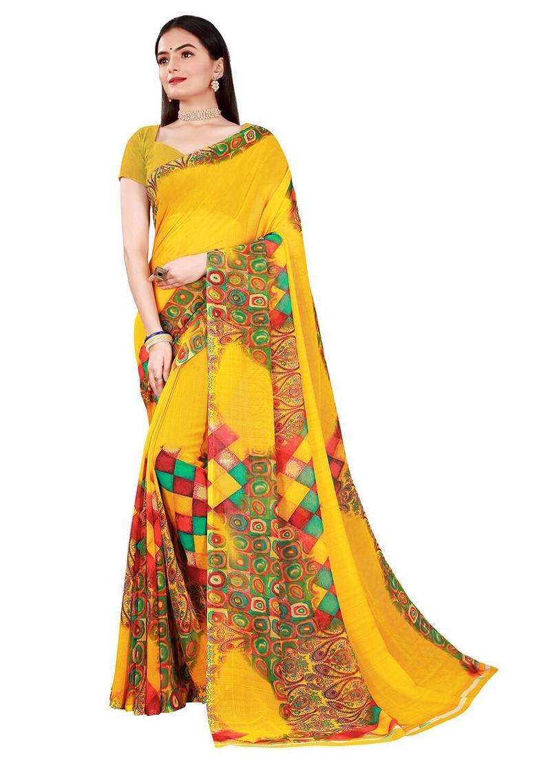 Yellow Embroidered Georgette Saree Set