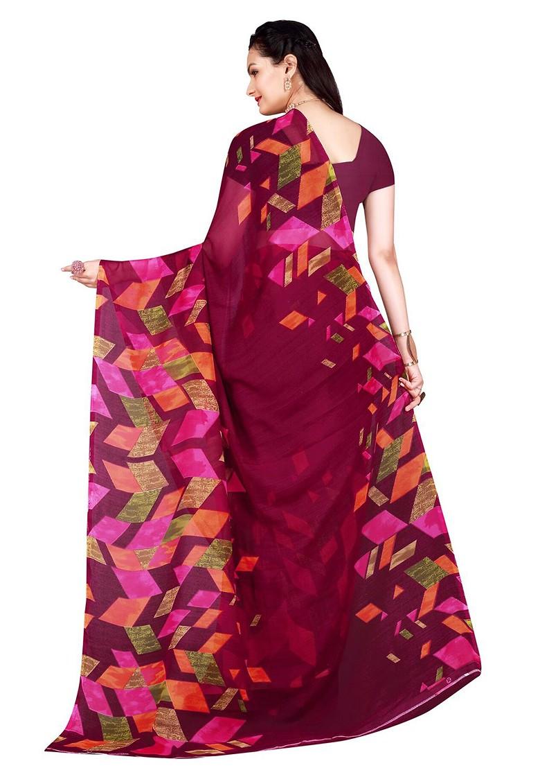 Burgundy Embroidered Georgette Saree Set