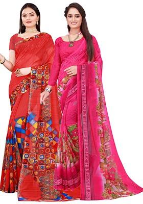 Pink Floral Georgette Saree Set (Set Of 2)