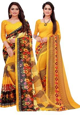 Yellow Printed Georgette Saree Set (Set Of 2)