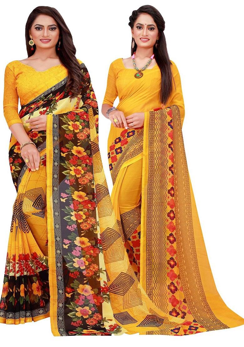 Yellow Printed Georgette Saree Set (Set Of 2)