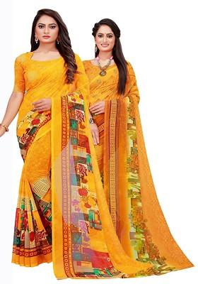 Yellow Floral Georgette Saree Set (Set Of 2)