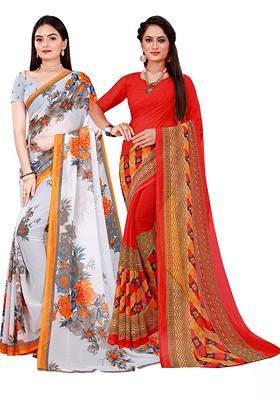 White Floral Georgette Saree Set