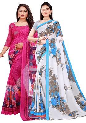 Magenta Embroidered Georgette Saree Set (Set Of 2)