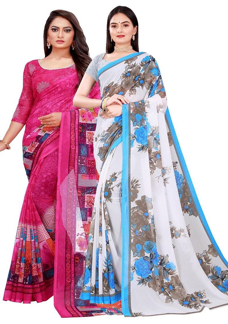 Magenta Embroidered Georgette Saree Set (Set Of 2)