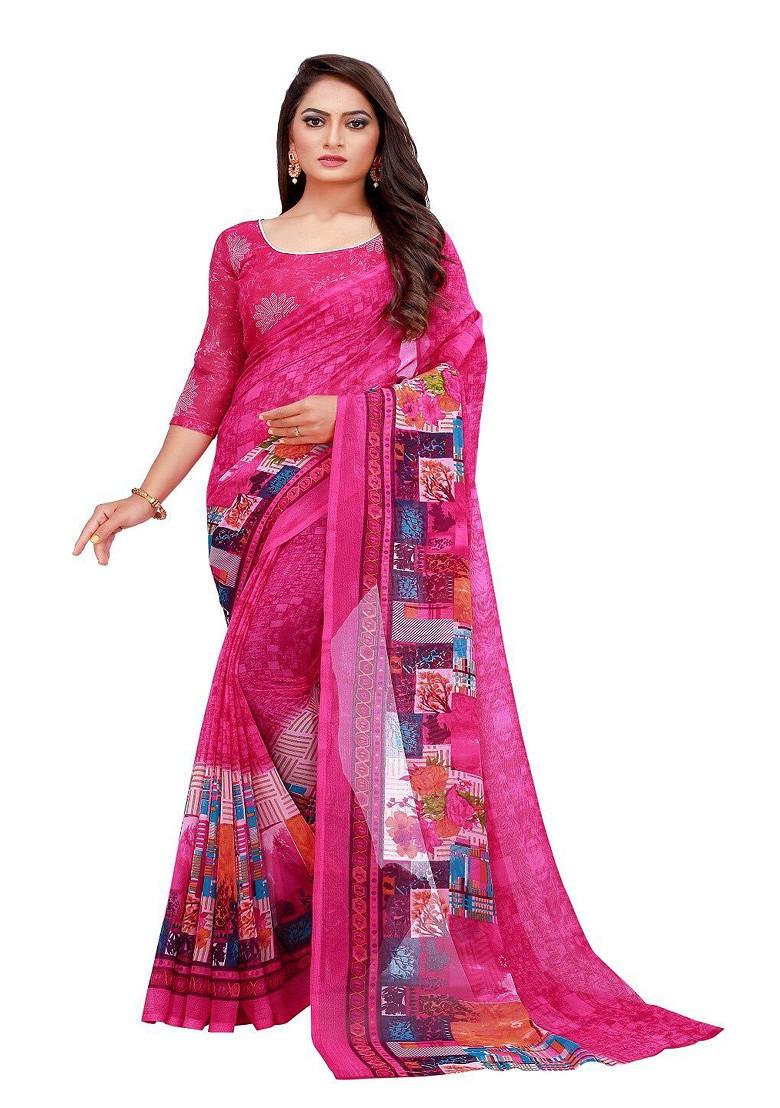 Magenta Embroidered Georgette Saree Set (Set Of 2)