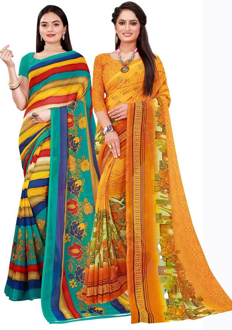 Orange Floral Georgette Saree Set (Set Of 2)