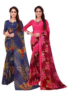 Magenta Printed Georgette Saree Set (Set Of 2)