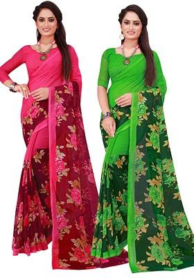 Magenta Floral Georgette Saree Set (Set Of 2)