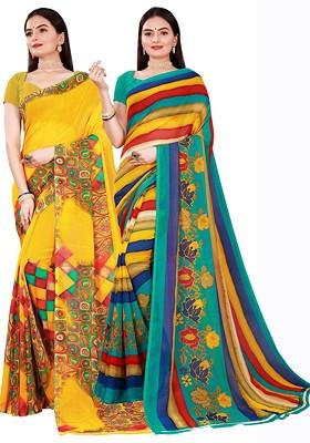 Yellow Striped Georgette Saree Set (Set Of 2)