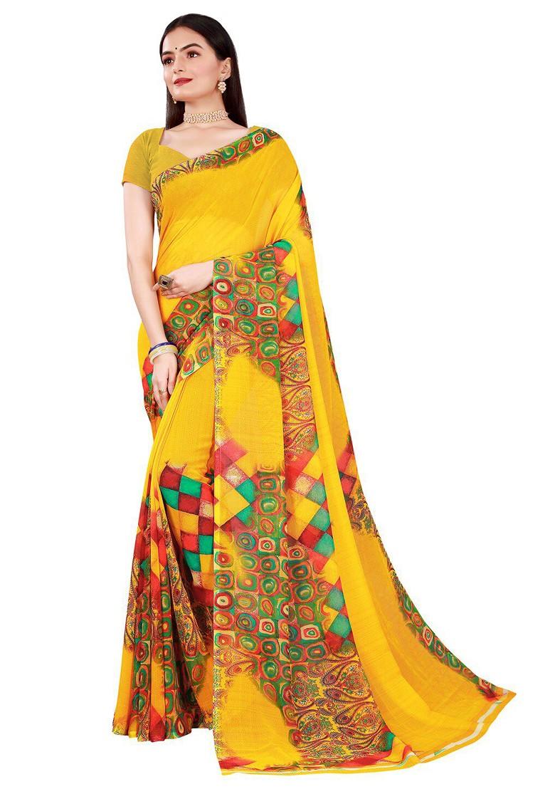 Yellow Striped Georgette Saree Set (Set Of 2)