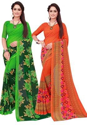 Orange Floral Georgette Saree Set (Set Of 2)