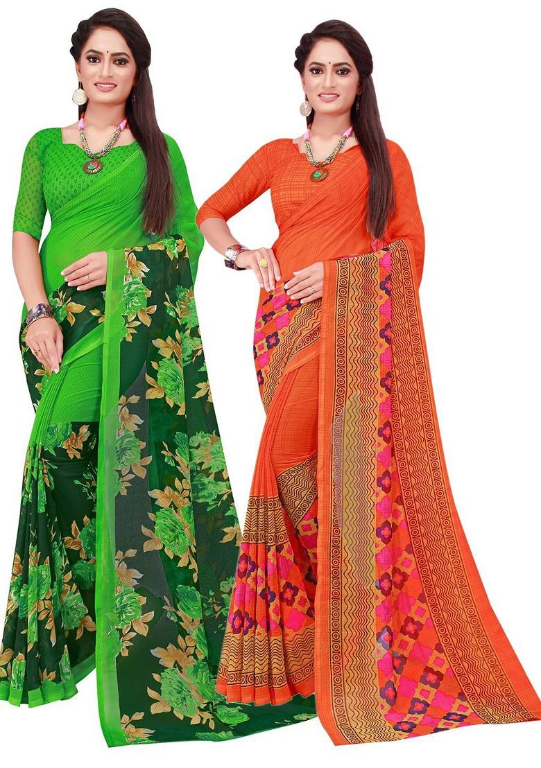 Orange Floral Georgette Saree Set (Set Of 2)