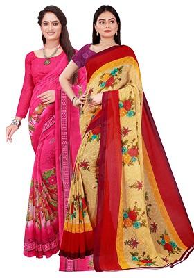 Beige Printed Georgette Saree Set (Set Of 2)