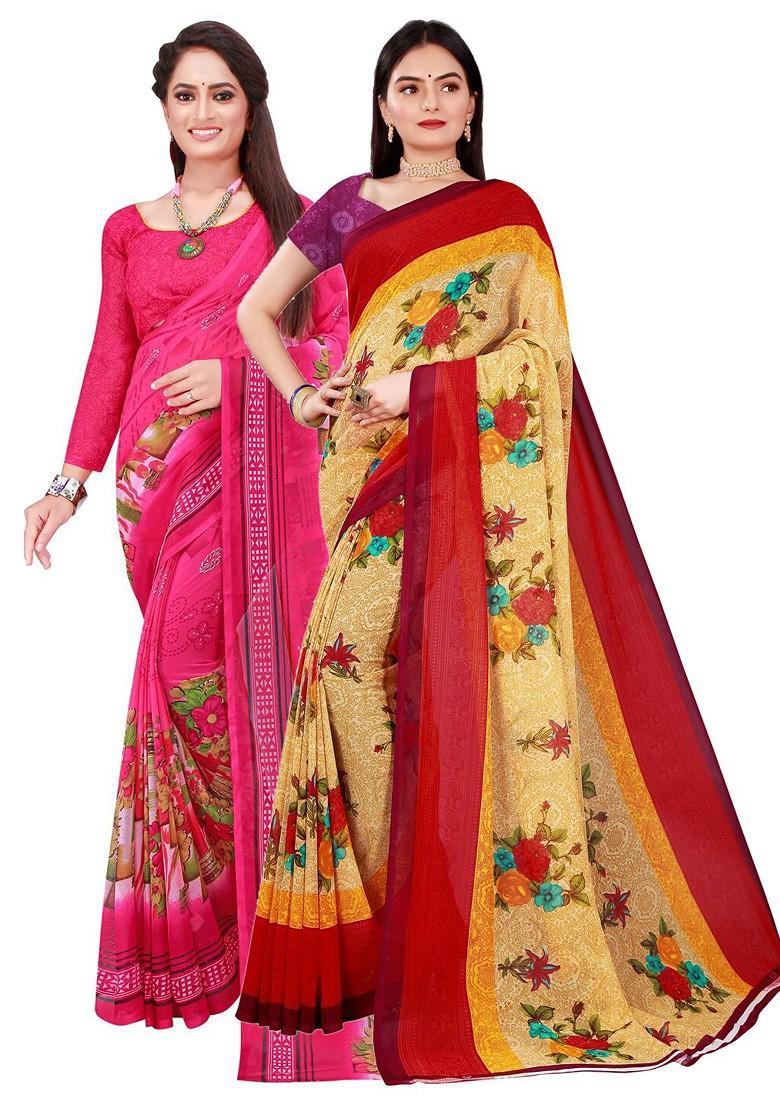 Beige Printed Georgette Saree Set (Set Of 2)