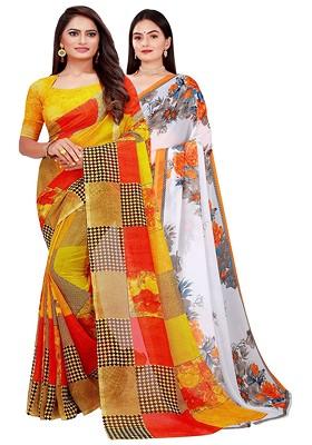 Yellow Floral Georgette Saree Set (Set Of 2)