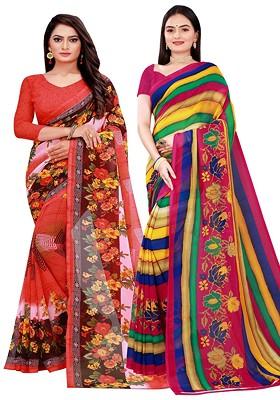 Peach Embroidered Georgette Saree Set (Set Of 2)