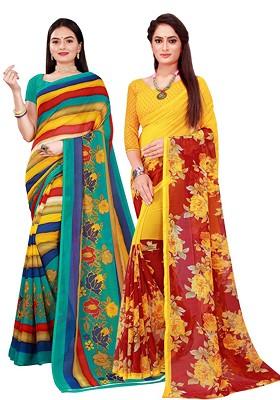 Yellow Embroidered Poly Blend Saree Set