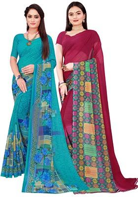 Turquoise Blue Embroidered Georgette Saree Set (Set Of 2)