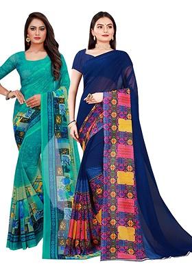 Turquoise Blue Embroidered Georgette Saree Set (Set Of 2)