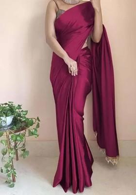 Burgundy Embroidered Satin Saree Set