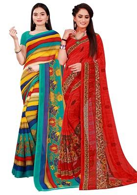 Multi Striped Georgette Saree Set (Set Of 2)
