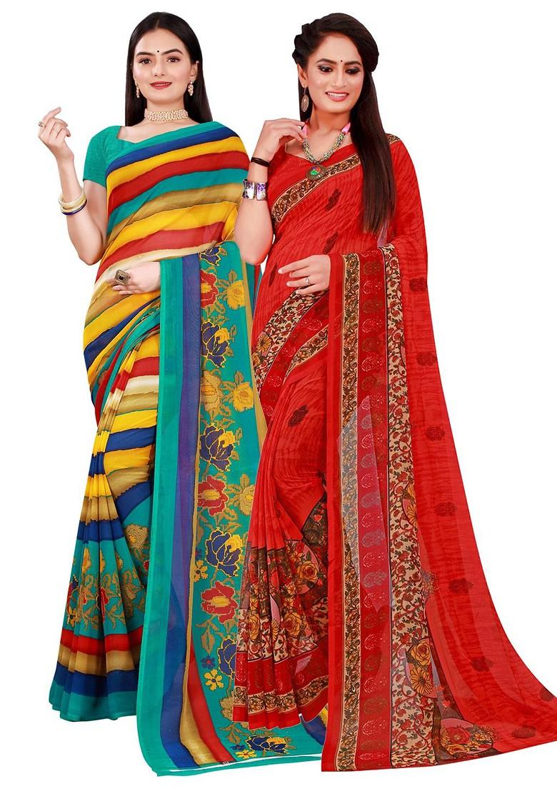 Multi Striped Georgette Saree Set (Set Of 2)