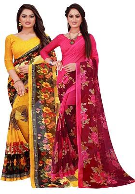 Pink Floral Georgette Saree Set (Set Of 2)