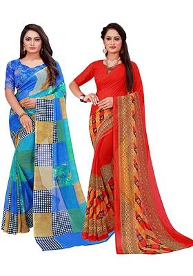 Red Embroidered Georgette Saree Set (Set Of 2)