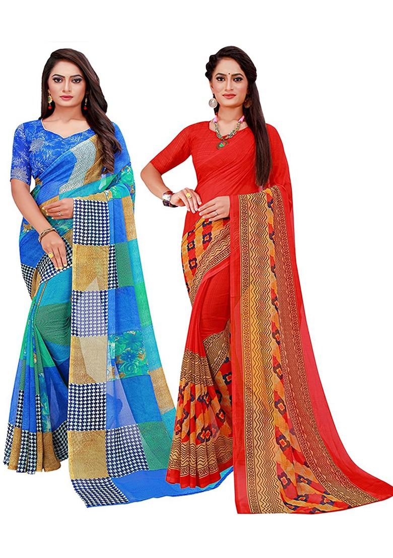 Red Embroidered Georgette Saree Set (Set Of 2)