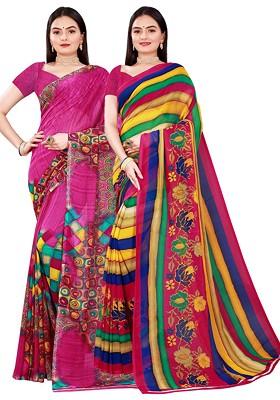 Magenta Embroidered Georgette Saree Set (Set Of 2)