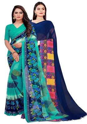 Green Floral Georgette Saree Set (Set Of 2)