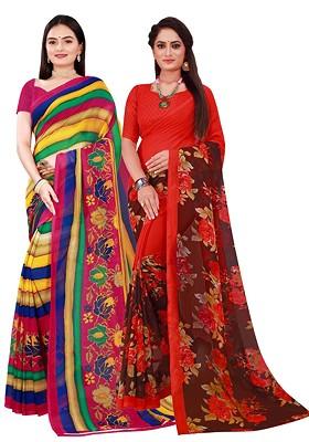 Red Embroidered Georgette Saree Set (Set Of 2)