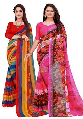 Blue Embroidered Georgette Saree Set (Set Of 2)