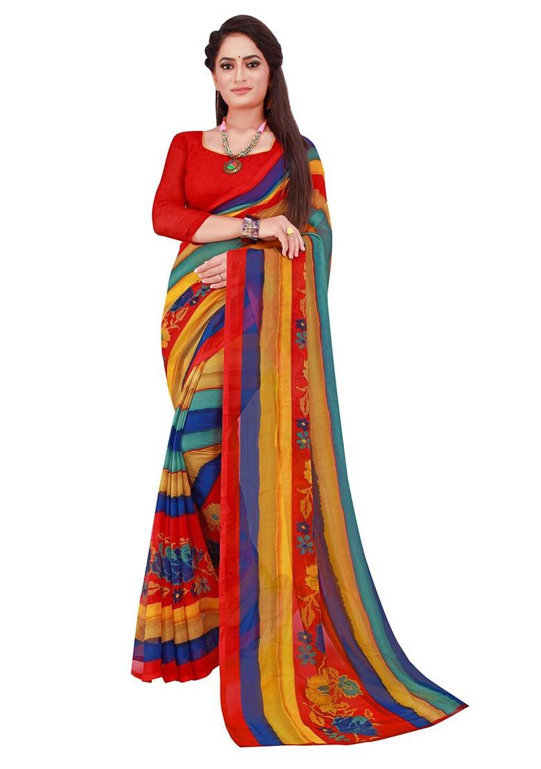 Blue Embroidered Georgette Saree Set (Set Of 2)