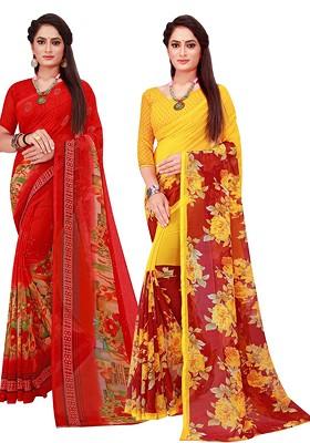 Red Embroidered Poly Blend Saree Set