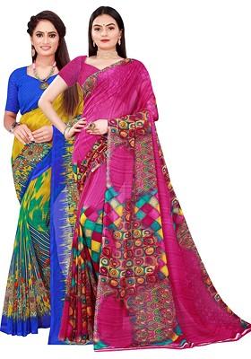 Magenta Embroidered Georgette Saree Set (Set Of 2)