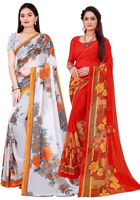 Red Embroidered Georgette Saree Set (Set Of 2)