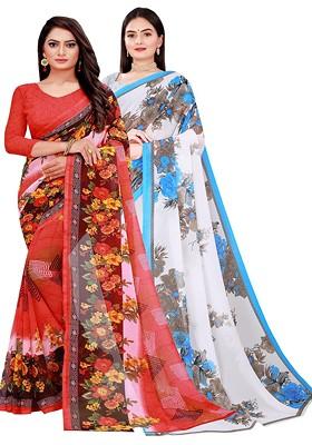 White Floral Georgette Saree Set (Set Of 2)
