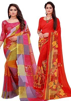 Red Printed Georgette Saree Set (Set Of 2)